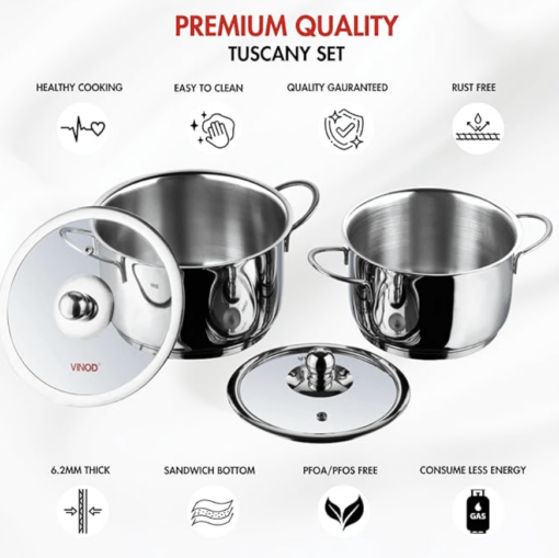 Vinod Tuscany Stainless Steel Cookware Combo Set of 2 with Glass Lid | Saucepot 2,2.8 Ltr & Saucepan 1.3 ltr | 5mm Thick, Extra Deep | Induction Base | 2 Year Warranty - Image 3